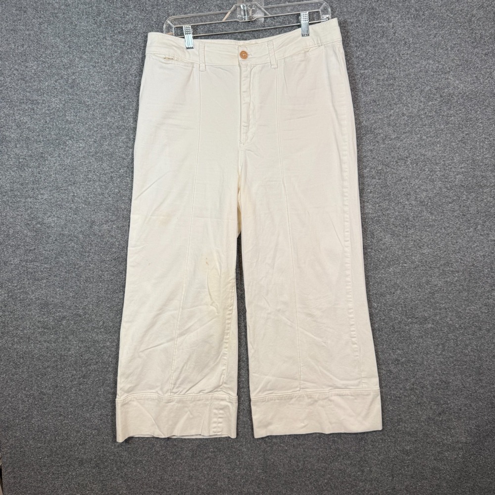 Anthropologie Pants Womens‎ 10 White Chinos Wide Leg Cropped Pockets Flaw - Picture 1 of 8